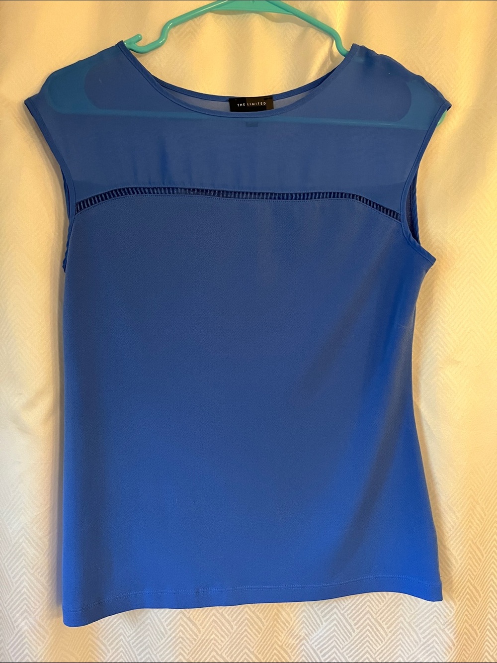 The Limited Blue Cap-Sleeve Mesh Yoke Top